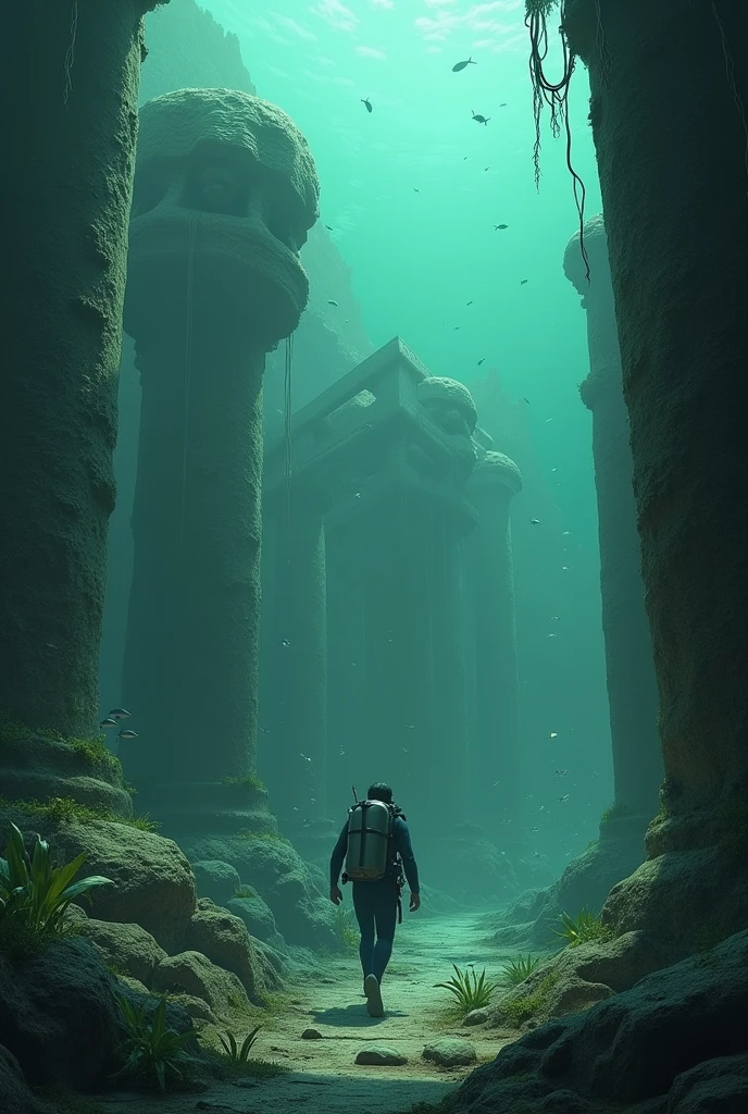 A diver discovers the ruins of an ancient sunken city. The statues with grotesque faces seem to watch him from the depths.