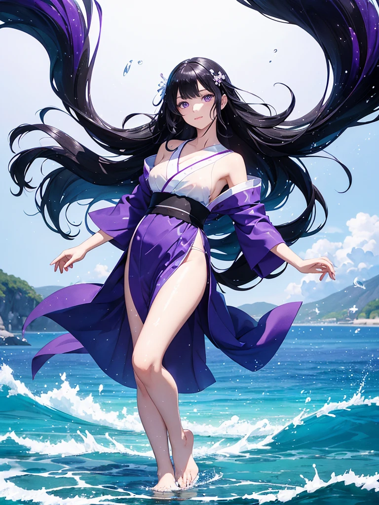 a woman with black longhair and beautiful purple eyes, wearing a white yukata, walking on a transparent sea with a mirror-like beach, background with splashes of water, full-body illustration, rainbow-colored halation, sparkling wind, beautiful watercolor painting illustration