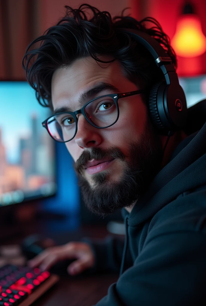 handsome boy with black hair, beard, nerd, gamer