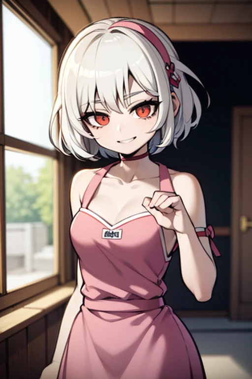Alice, Anime art style, One girl, 一人in, chest, Looking_in_Audience, smile, short_hair, Open_mouth, big_chest, reis_eye, hair_between_eye, upper_boisy, white_hair, :is, Blurred, chef