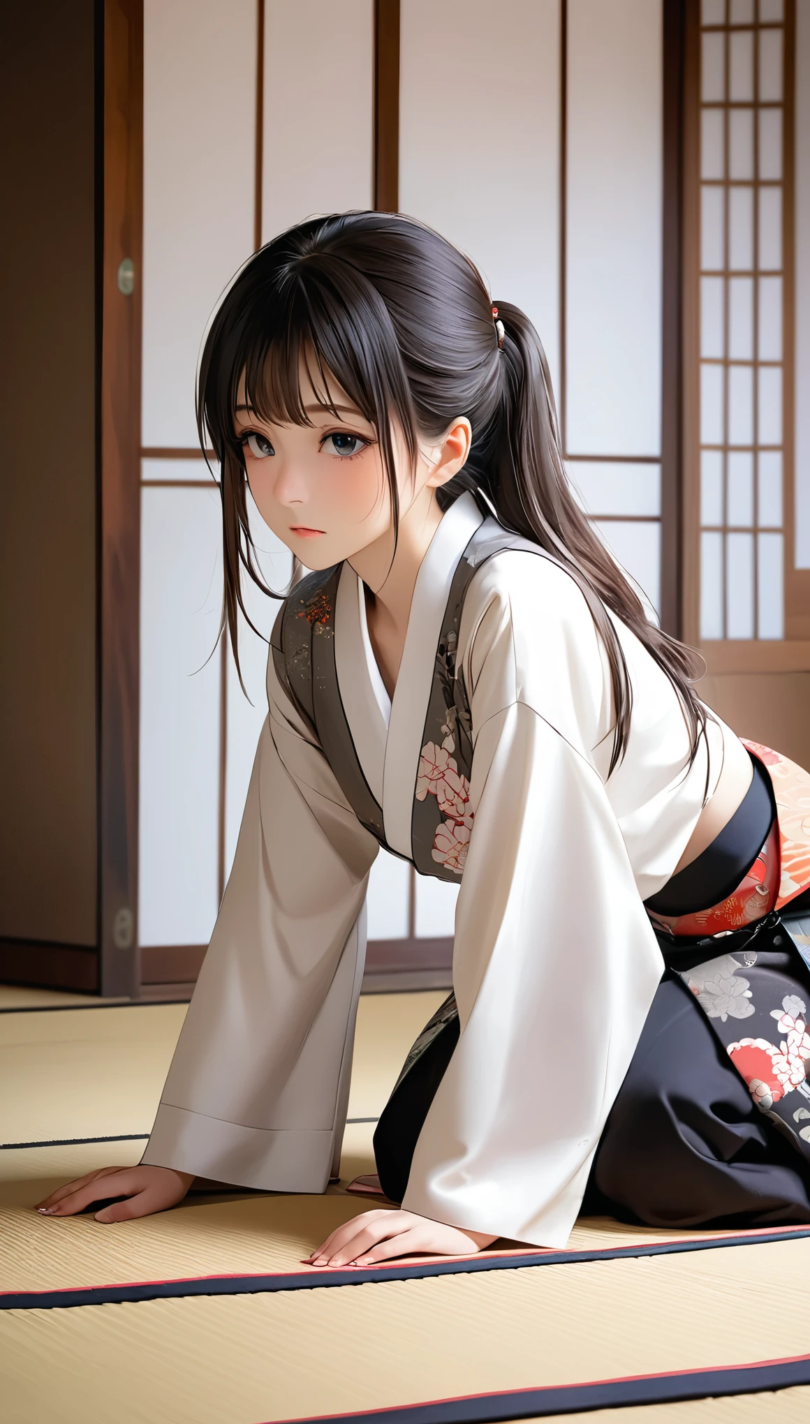 (masterpiece, Highest quality:1.2), One Girl, alone,Bony body、15 years old、Japanese-style room、((front))、((Prostration))、lower one's head、take a bow、seiza、On the floor、put one's head on the tatami、Lie down、Prostrate、 Extra Short Hair, Side lock hair