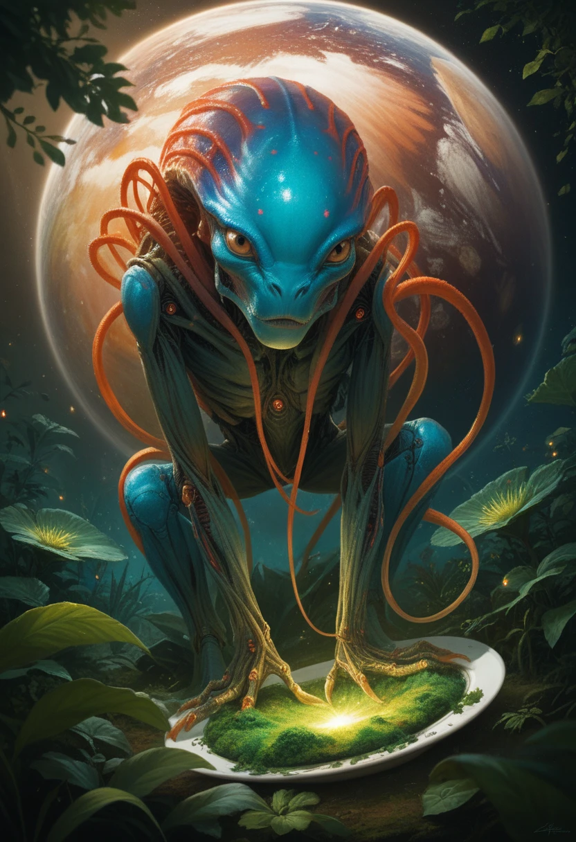alien animal, an extravagant extraterrestrial creature, on a planet with lush and rare vegetation, on its forehead it has a luminous oval plate where colored particles can be seen as if it carried the knowledge of the universe inside its brain, futuristic science fiction, cinematic lighting, vibrant colors, 8k, highly detailed, photorealistic, masterpiece)
