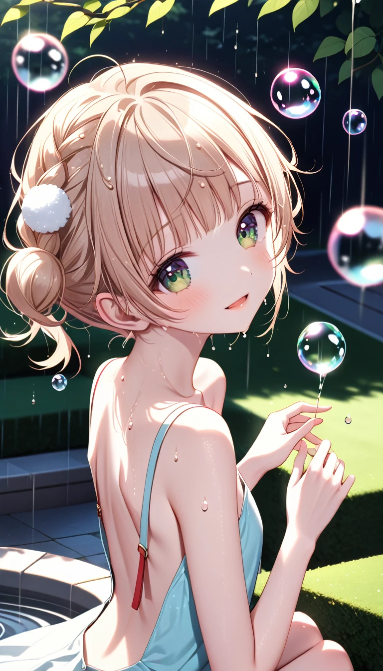 (ultra-highest resolution), (ultra-highest quality), (Very detailed), (Very fine textures and colors), (Very clear), (Natural and precise composition), uichan, One lovely girl, Small and slender build, Beautiful skin wet with rain, Park with fountain, soap bubble, Rain and drops of water, (Natural and beautiful light and shadow), (Accurate and correct human anatomy)