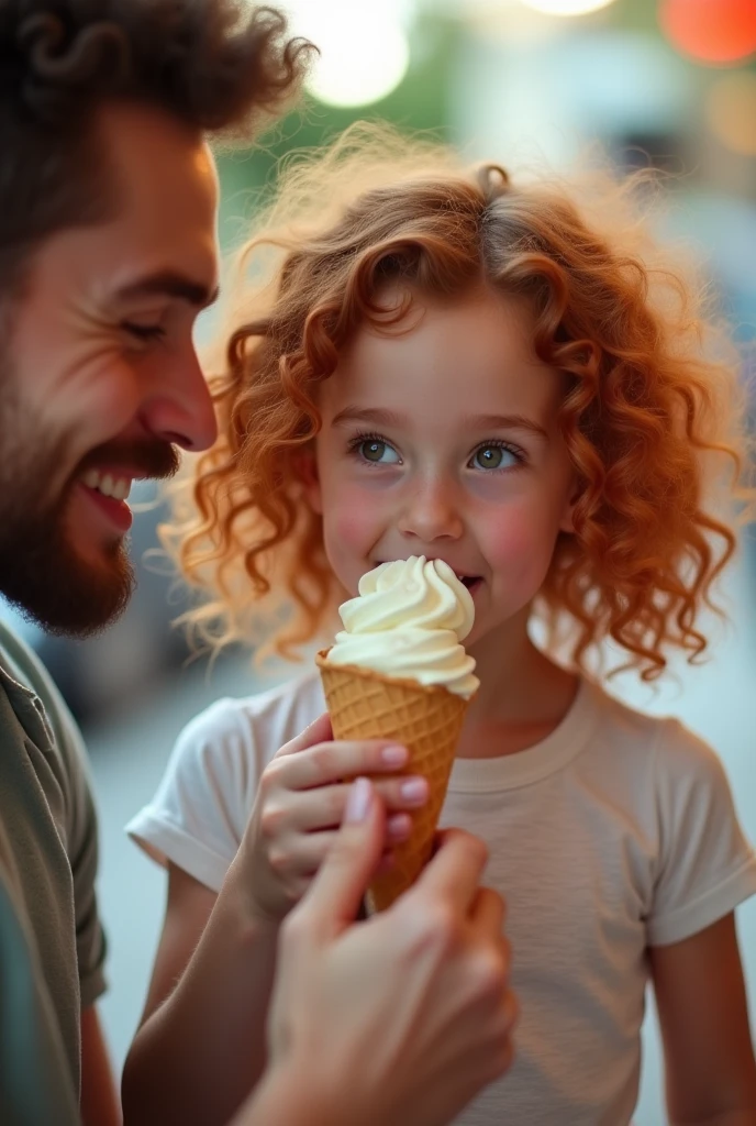 Curly red haired girl eating ice cream with a handsome man