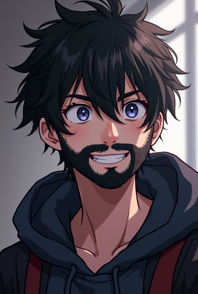 handsome boy with black hair, beard, nerd, gamer, anime style