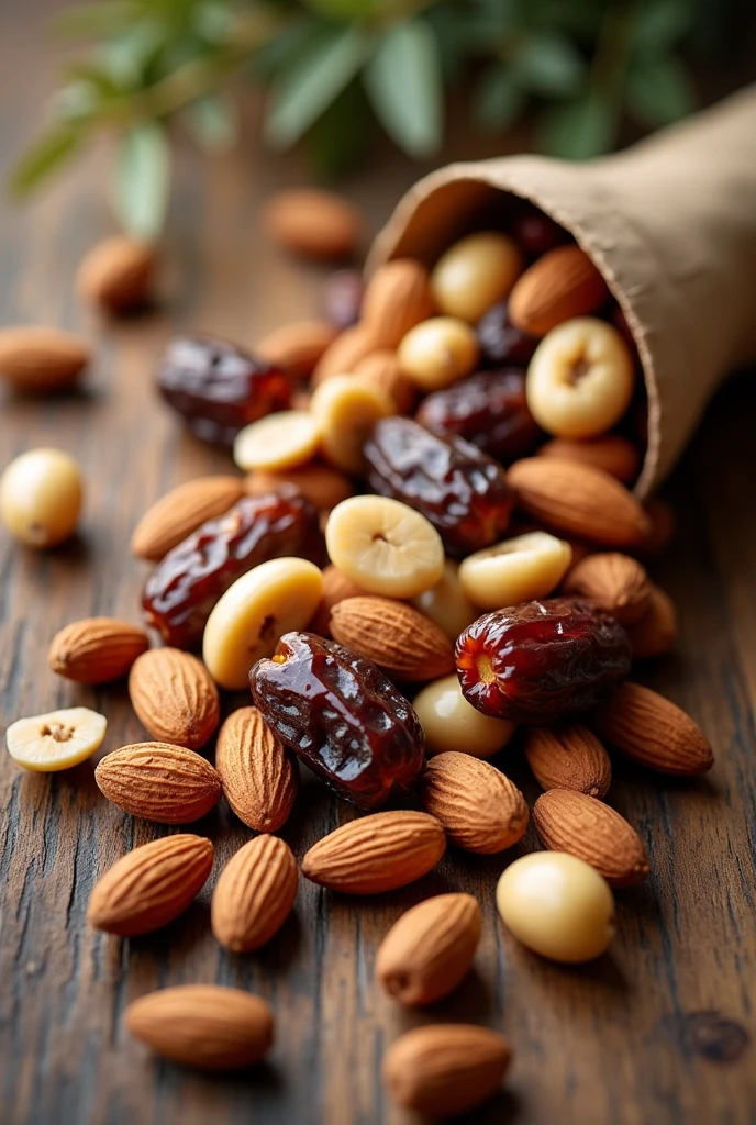 Almonds , dates ,peanuts mix together on a table from top of them