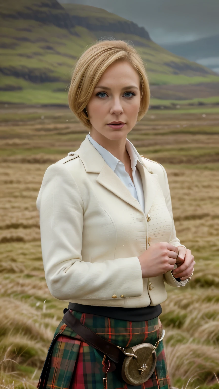 (female Catherine Bond of 007 and male assistant Henry of bond boy) with stand on ground, (looking at viewer:1.3), Scottish woman, 30 years-old, (blond hair , blue eye, buzz cut, serious),A beautiful Scottish woman wearing traditional Highland dress, including a tartan kilt and accessories like a sporran and sash, standing in a picturesque Scottish landscape. The scene should highlight the elegance and cultural richness of Scottish heritage, ((super detail, high details, high quality, accurate, anatomically correct, textured skin, beautiful fingers super detail, high details, high quality, best quality))