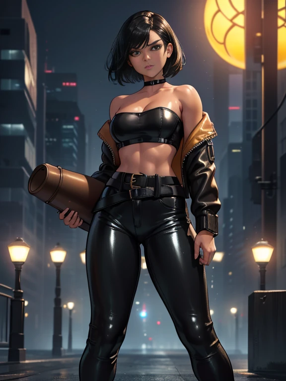 Photorealistic Image of Gorgeous 26 Years Old woman with Athletic Body, (Short Black Hair), (Yellow colored irises), (One Person), (Black Leather Jacket, Strapless Black Tube-Top, Black Tight Pants and White Belt:1.4), (Tan bronze Skin:1.4), (Detailed Shiny Appearance:1.4), (Snarky Expression), Deep Cleavage, (Midriff), (Dynamic Pose:1.4), (Empty City at Night:1.4), Centered, (Full Body Shot), (From Front Shot), Insane Details, Intricate Face Detail, Intricate Hand Details, Cinematic Shot and Lighting, Realistic Colors, Masterpiece, Sharp Focus, Ultra Detailed, Taken with DSLR camera, Realistic Photography, Depth of Field, Incredibly Realistic Environment and Scene, Master Composition and Cinematography