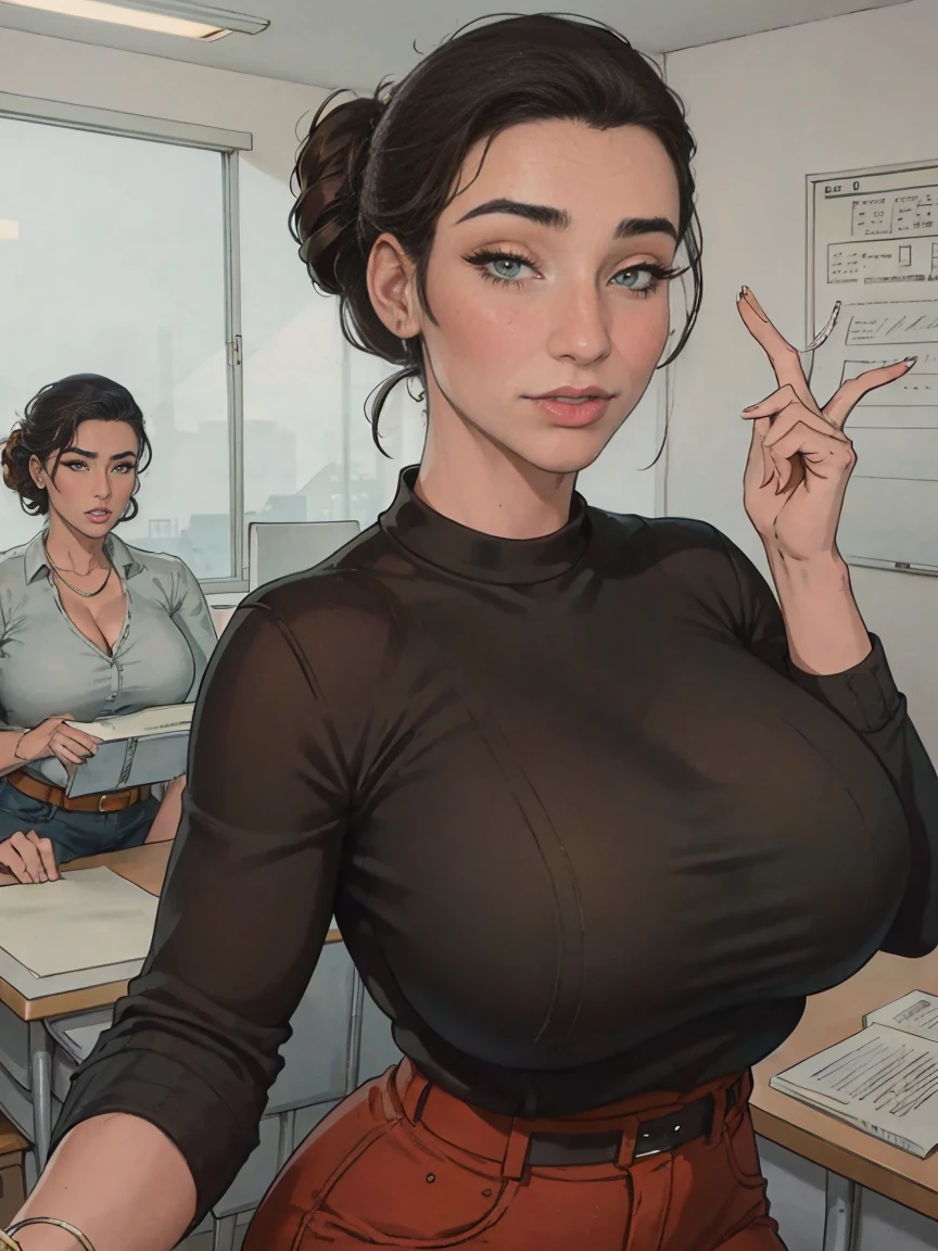 Gorgeous and sultry busty athletic (thin) brunette teacher with sharp facial features wearing a stylish updo, long-sleeve top, fitted pants, classroom, high school, interior, desks, whiteboard, projector screen, windows.