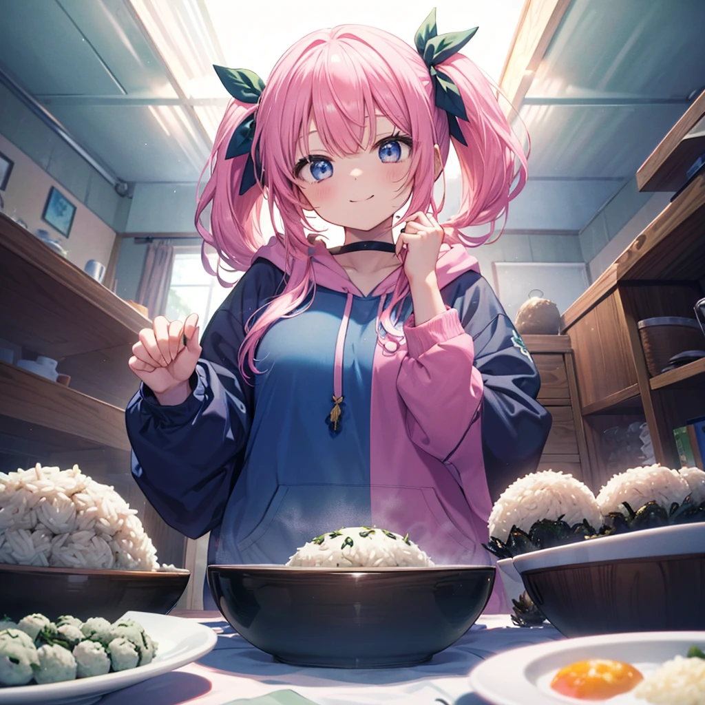 One woman,Young,((Holding with both hands,Close-up,A large seaweed rice ball on a plate)) Twin tails,Pink Mouth Open,Smile Blue Hoodie Background,(Inside the house,machine)