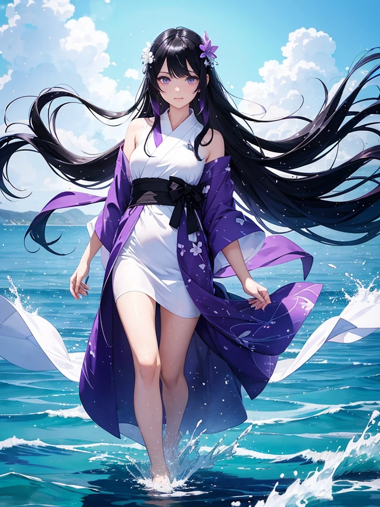 a woman with black longhair and beautiful purple eyes, wearing a white yukata, walking on a transparent sea with a mirror-like beach, background with splashes of water, full-body illustration, rainbow-colored halation, sparkling wind, beautiful watercolor painting illustration