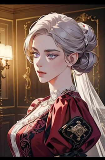 an angry victorian era woman in her early 30's wearing sexy red gown, updo, ballroom, straight white medium-length hair, striking purple eyes, detailed realistic portrait, photorealistic, hyperrealistic, 8k, detailed clothing, beautiful detailed eyes, beautiful detailed lips, extremely detailed face, intricate ornate details, cinematic lighting, dramatic shadows, cool color tones, indoor lighting, highly detailed, masterpiece, artstation, sharp focus, hyper detailed, half body