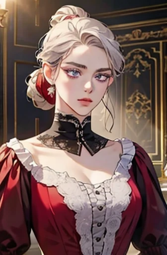an angry victorian era woman in her early 30's wearing sexy red gown, updo, ballroom, straight white medium-length hair, striking purple eyes, detailed realistic portrait, photorealistic, hyperrealistic, 8k, detailed clothing, beautiful detailed eyes, beautiful detailed lips, extremely detailed face, intricate ornate details, cinematic lighting, dramatic shadows, cool color tones, indoor lighting, highly detailed, masterpiece, artstation, sharp focus, hyper detailed, half body