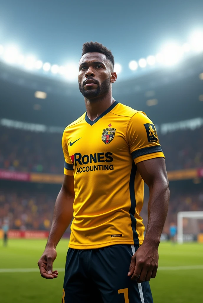 A FOOTBALL PLAYER IN A GENERIC YELLOW SHIRT, facing the front, SPONSORED BY RONES ACCOUNTING, IN A FULL LOCAL STADIUM