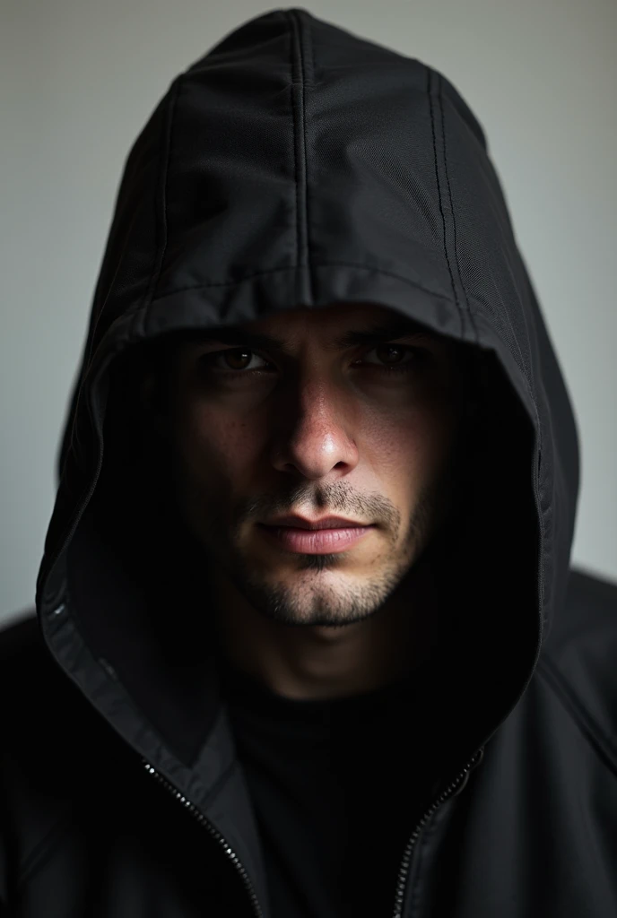Man with black cap and red eyes wearing black jacket and black hood