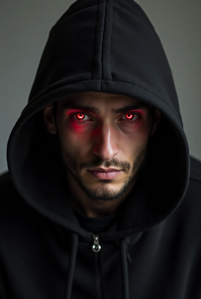 Man with black cap and red eyes wearing black jacket and black hood