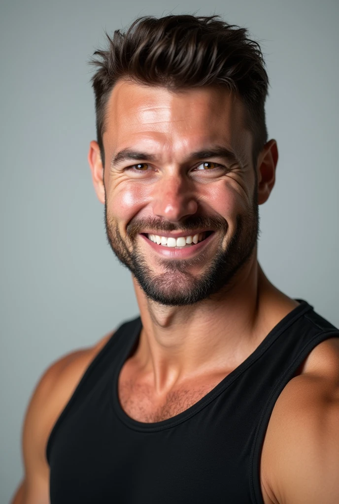 An American muscular entrepreneur with confidence and little smiled face and shoulder shot photo without copyright.