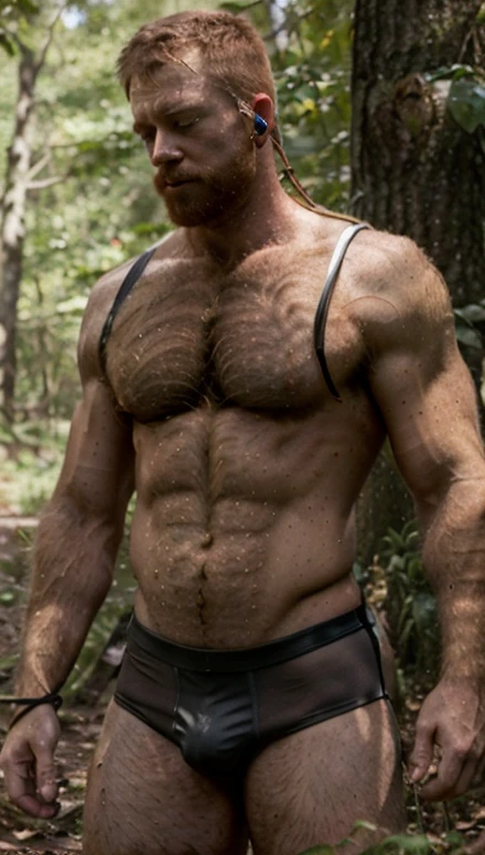 a sweaty shirtless ginger guy, wearing only a latex compression shorts, tied up to a tree with leather straps in a forest. Handsome man, hairy body, realistic face, realistic hairy body, realistic hair, realistic sweaty skin,