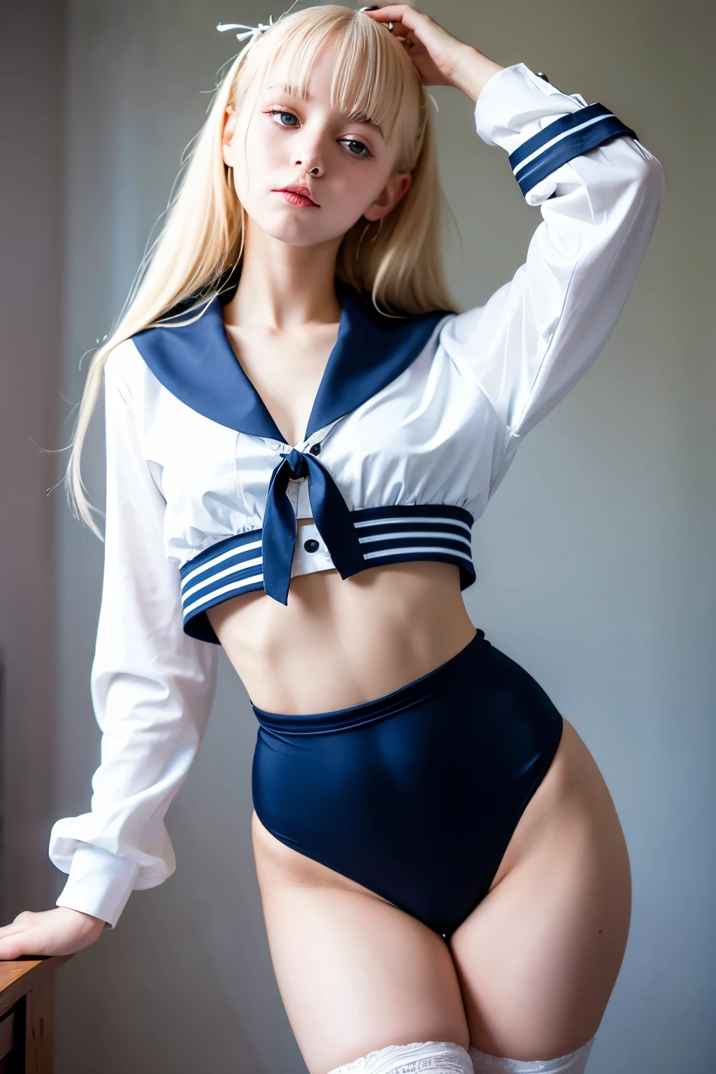 ((Highest quality)), ((masterpiece)), (detailed), One girl, Sexy sailor suit with exposed belly button 12 years old, a beautiful German girl with an innocent, lolita-like face and platinum blonde hair that reaches down to her ankles slim Dancing