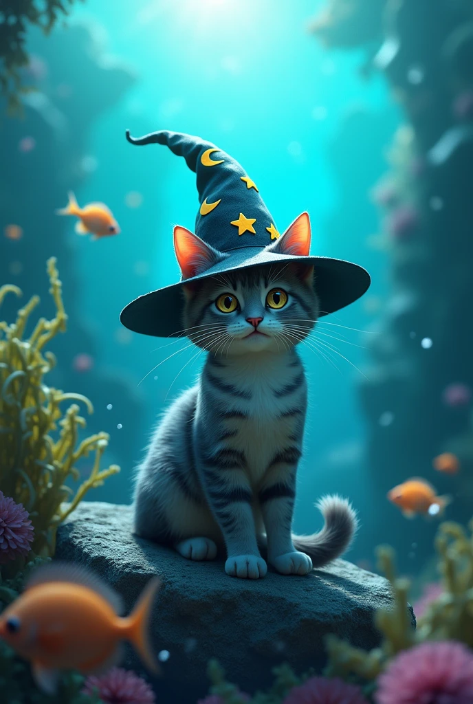 A cat wearing a witch&#39;s hat sits at the bottom of the ocean 