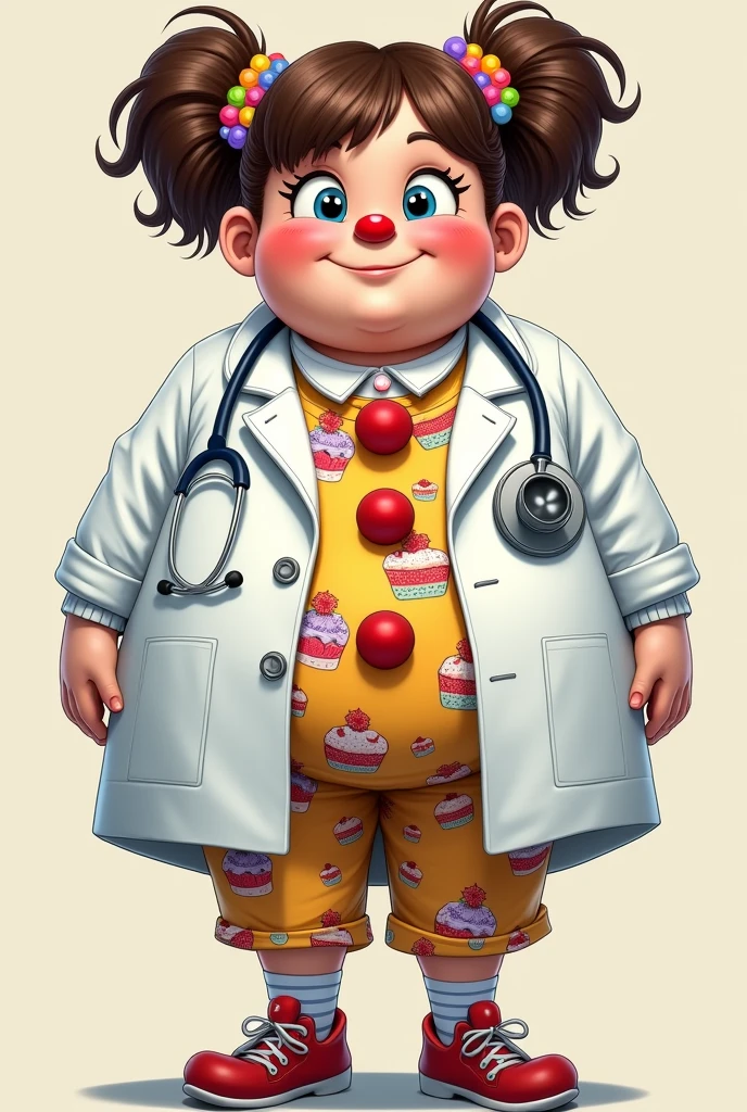 Chubby female doctor in white coat with stethoscope around her neck, Red nose , clown costume with cake drawings , with two pigtails ,brown hair and lots of headbands in her hair