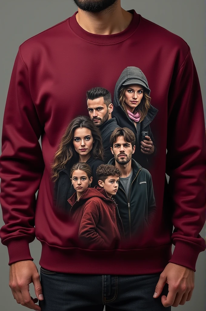 Create a maroon sweatshirt with the spy family image on the left side of a 15cm