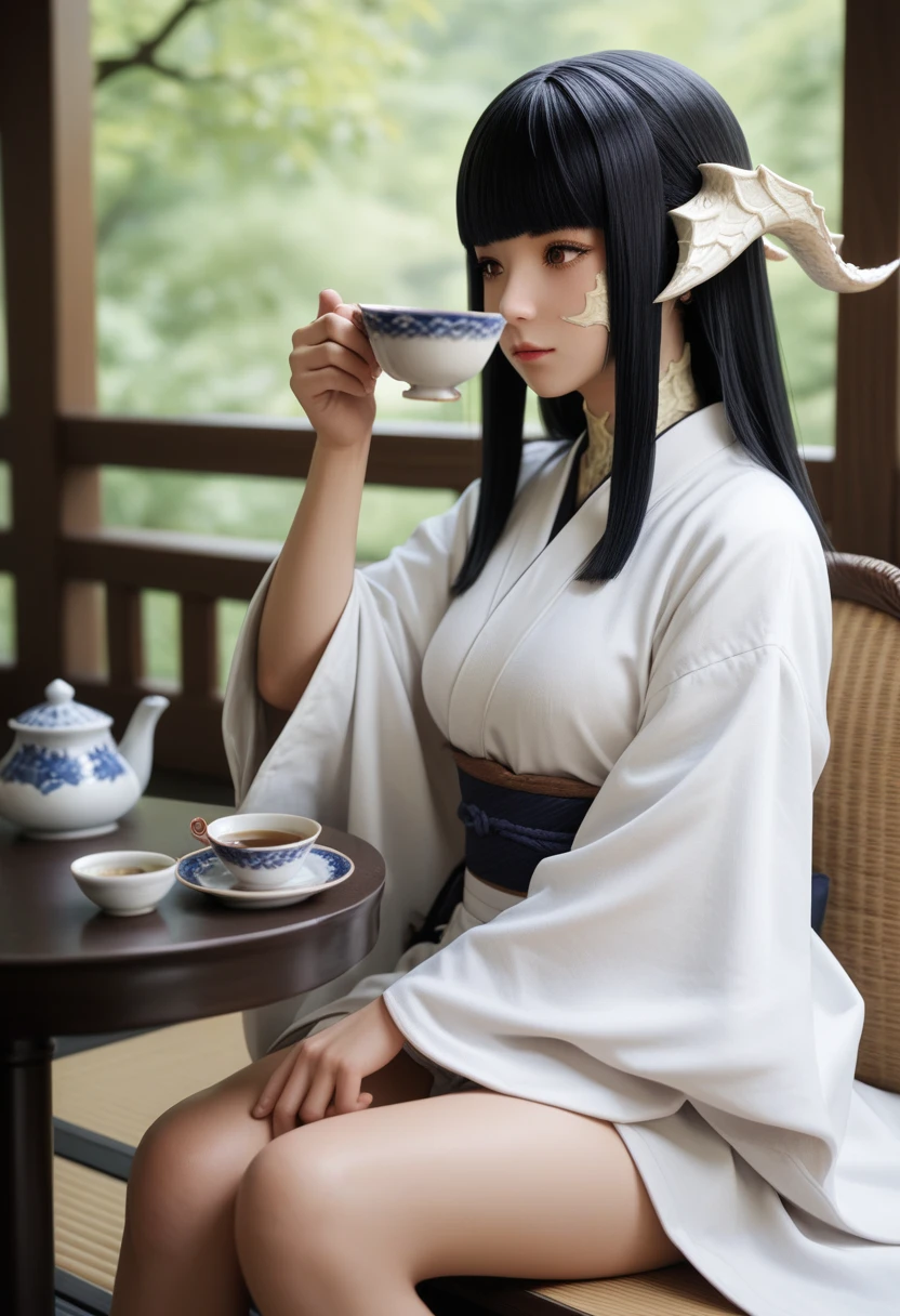 Masterpiece, Best Quality, 3D, 1girl, japanese, female, black hair, hime cut, brown eyes, white scales, au ra, raen, Final Fantasy XIV, sitting, japanese tea, japanese teacup, drinking tea