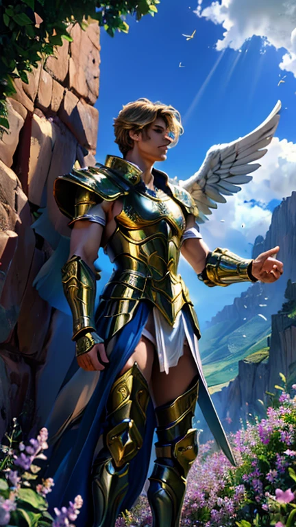 tall, handsome, strong angelic warrior, wearing a Greek armor with gold and palladium detailing with purple-colored Excalibur sword on his right arm and a lilac shield on his left arm, flying across the sky on a cliff surrounded by butterflies and golden dandelions