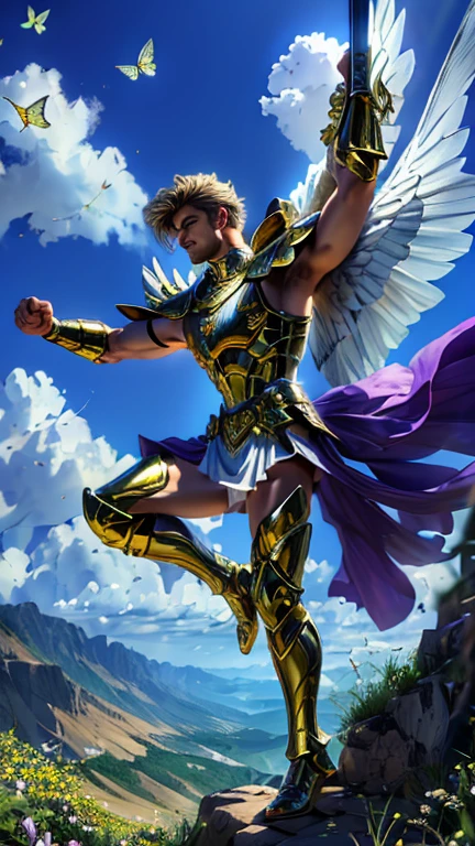 tall, handsome, strong angelic warrior, wearing a Greek armor with gold and palladium detailing with purple-colored Excalibur sword on his right arm and a lilac shield on his left arm, flying across the sky on a cliff surrounded by butterflies and golden dandelions