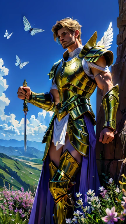 tall, handsome, strong angelic warrior, wearing a Greek armor with gold and palladium detailing with purple-colored Excalibur sword on his right arm and a lilac shield on his left arm, flying across the sky on a cliff surrounded by butterflies and golden dandelions