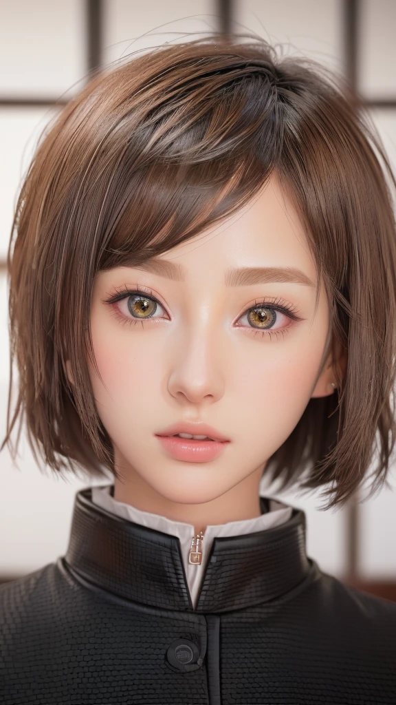 Cut your hair short、There is a woman wearing a black jacket., Cute realistic portrait, Realistic young anime girl, Realistic Anime 3D Style, Short Hair, Photorealistic Animation, Ultra realistic anime, Photorealistic Animation girl render, Real life anime girls, 3D Anime Real, Close-up of a young anime girl, 8K Portrait Rendering, Stunning Anime Face Portraits