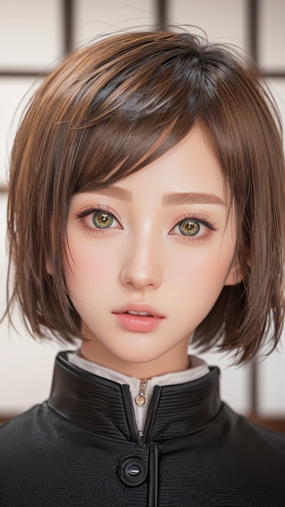 Cut your hair short、There is a woman wearing a black jacket., Cute realistic portrait, Realistic young anime girl, Realistic Anime 3D Style, Short Hair, Photorealistic Animation, Ultra realistic anime, Photorealistic Animation girl render, Real life anime girls, 3D Anime Real, Close-up of a young anime girl, 8K Portrait Rendering, Stunning Anime Face Portraits