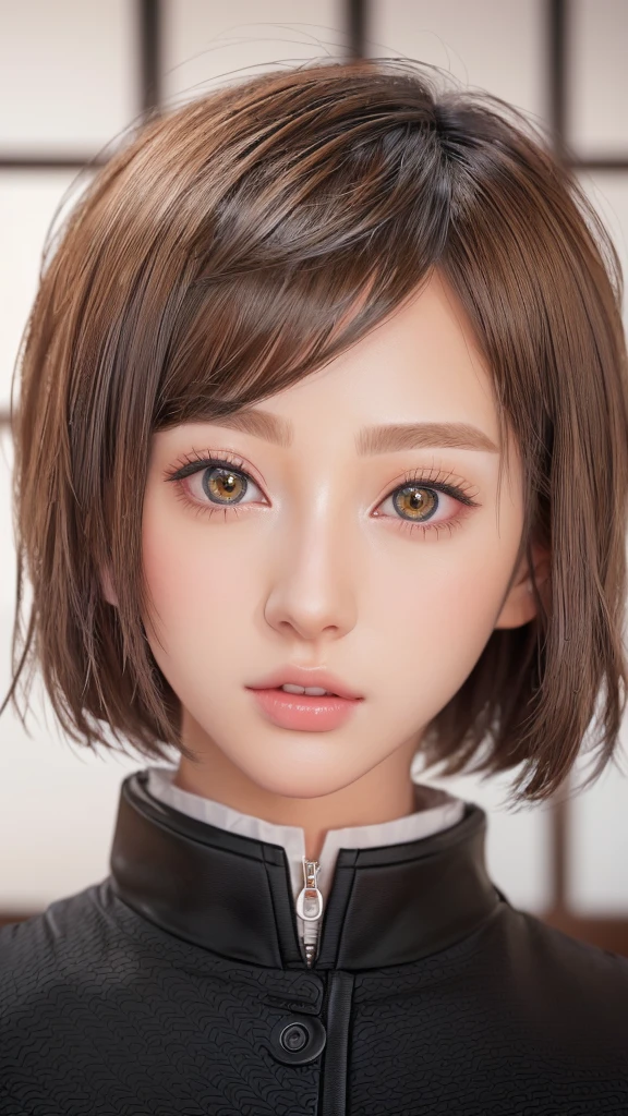 Cut your hair short、There is a woman wearing a black jacket., Cute realistic portrait, Realistic young anime girl, Realistic Anime 3D Style, Short Hair, Photorealistic Animation, Ultra realistic anime, Photorealistic Animation girl render, Real life anime girls, 3D Anime Real, Close-up of a young anime girl, 8K Portrait Rendering, Stunning Anime Face Portraits