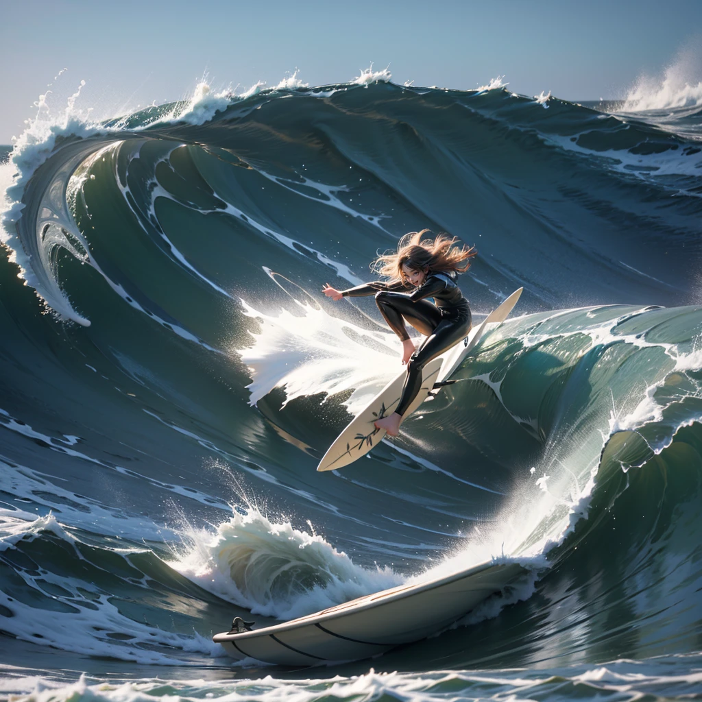 (Luminism:1.28), Side view、(TopQuality 8K Masterpiece:1.2) (ProfessionalPHOTO:1.37) Extremely Detailed (A girl standing on a surfboard riding a wave), (Colorful morning Glory Rays)、(Crouching and balancing on a Life Size surfboard:1.28), (There is Only one surfboard under her feet:1.32) Splashing water Particles Sparkling waves, Glowing Wet Hair、(Super hourglass body type)、Dynamic motion blur, Perfect Hand、(Surfing Photos:1.4) Extreme Sports Photography with action pose