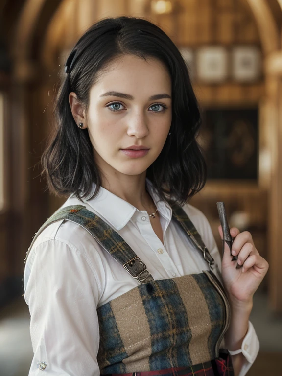 (1 boy and 1 girl is existence) ((1 girl name is Catherine ,25age) ,( 1 boy name is Henry ,18 age, black hair, ) ),with stand on ground, Scotland-Yard house, looking at viewer, Scottish woman, 25years-old, (blond hair , blue eye, shot cut, serious),A beautiful Scottish woman wearing traditional Highland dress, including a tartan kilt and accessories like a sporran and sash, ((super detail, high details, high quality, accurate, anatomically correct, textured skin, beautiful fingers super detail, high details, high quality, best quality))