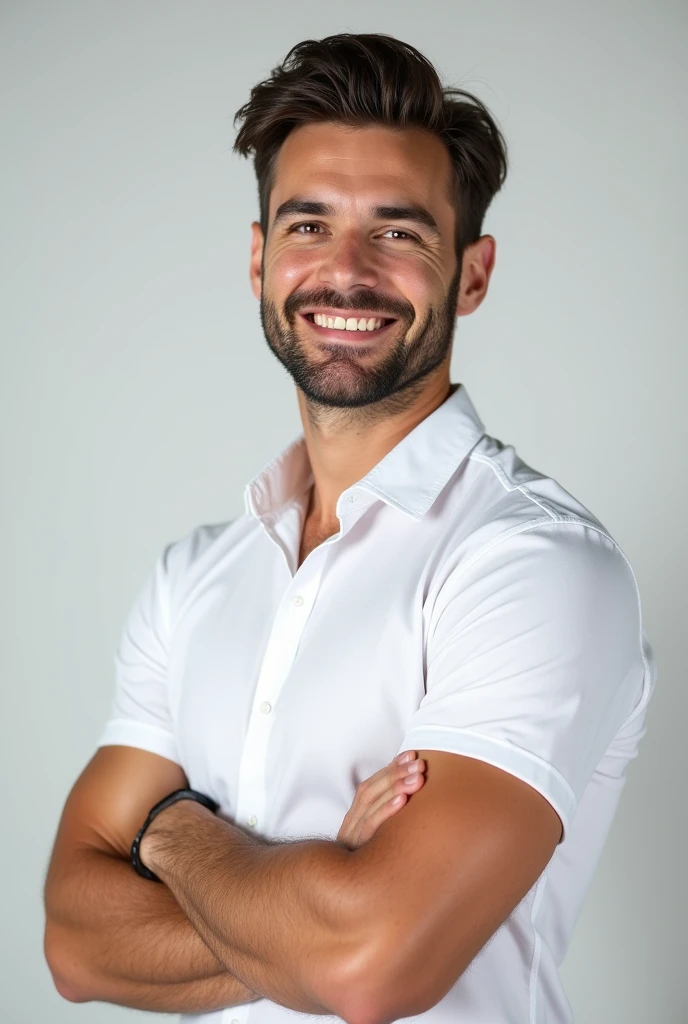 An American muscular entrepreneur wore the white shirt with confidence and little smiled face and shoulder shot photo without copyright.
