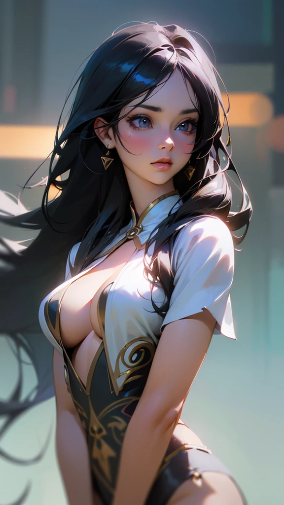 a beautiful girl with long flowing black hair, detailed and realistic facial features including stunning eyes, full lips, and flawless skin, large breasts, photorealistic, high resolution, 8k, masterpiece, (best quality, 4k, 8k, highres, masterpiece:1.2), ultra-detailed, (realistic, photorealistic, photo-realistic:1.37), HDR, UHD, studio lighting, ultra-fine painting, sharp focus, physically-based rendering, extreme detail description, professional, vivid colors, bokeh, portrait
