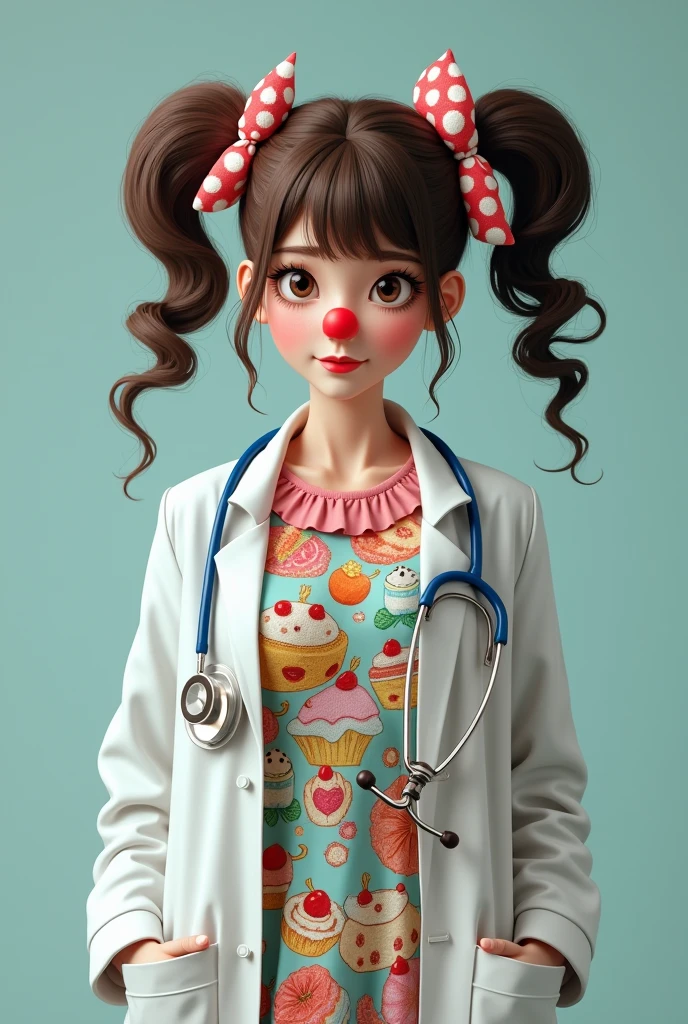 Female doctor in white coat with stethoscope around her neck, Red nose , clown costume with cake drawings , with two pigtails ,brown hair and lots of headbands in her hair 