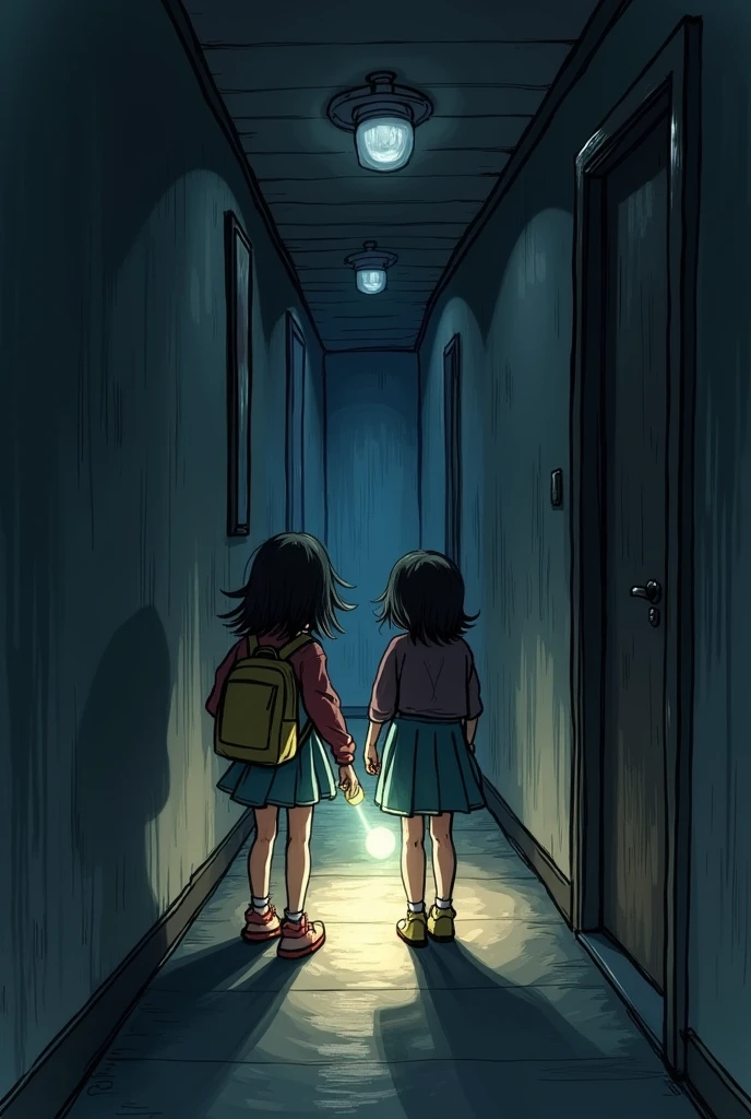 Sketch of a girl in a dark hallway lighting up with a flashlight with her best friend

