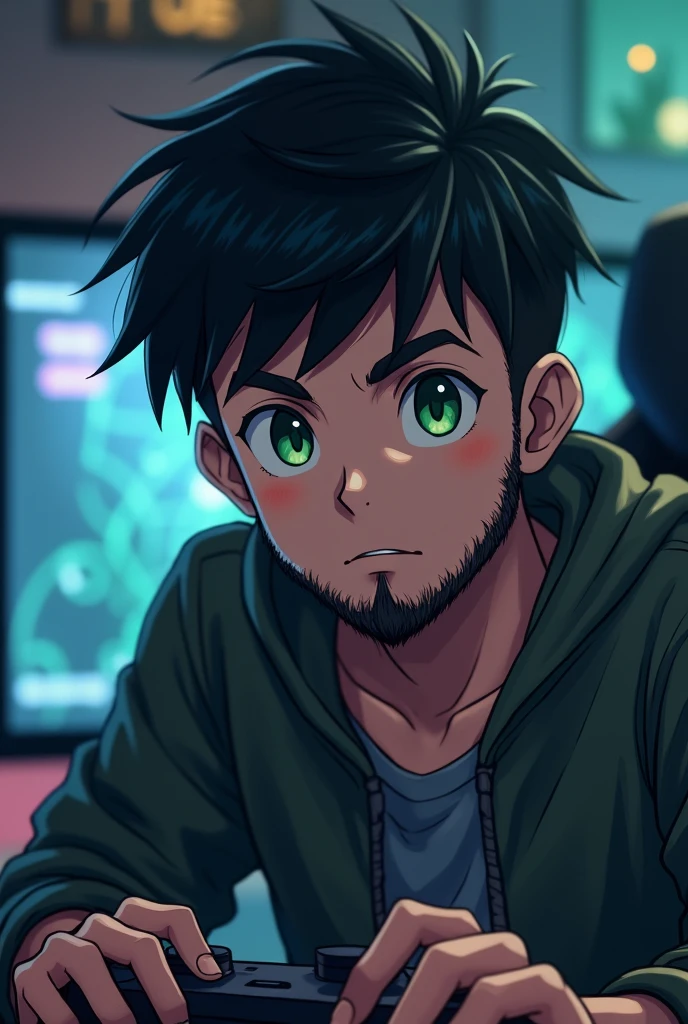 handsome boy with short black hair, medium beard, green eyes, nerd, gamer, in front a computer, anime style