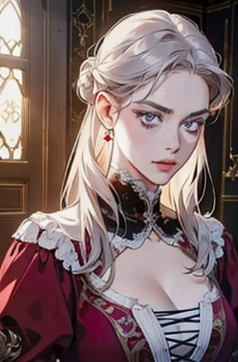 an angry victorian era woman in her early 30's wearing sexy red gown, cleavage, elegant updo, ballroom, straight white medium-length hair, striking purple eyes, detailed realistic portrait, photorealistic, hyperrealistic, 8k, detailed clothing, beautiful detailed eyes, beautiful detailed lips, extremely detailed face, intricate ornate details, cinematic lighting, dramatic shadows, cool color tones, indoor lighting, highly detailed, masterpiece, artstation, sharp focus, hyper detailed, half body
