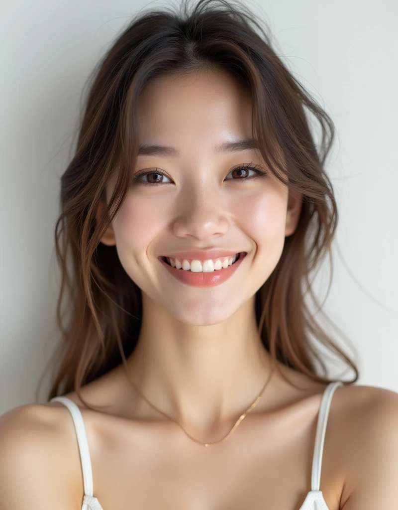 1girl, 25 years old woman, (perfectly detailed face), cute face, beautiful face, Small breasts, medium breasts, large breasts, ((looking at viewer)), smile, light smile, White skin, Simple Background, (((white background))), ((white wallpaper)), Indoor, (bright lighting:1.2), perfect lighting, photorealistic, (bokeh), UHD, anatomically correct, highres