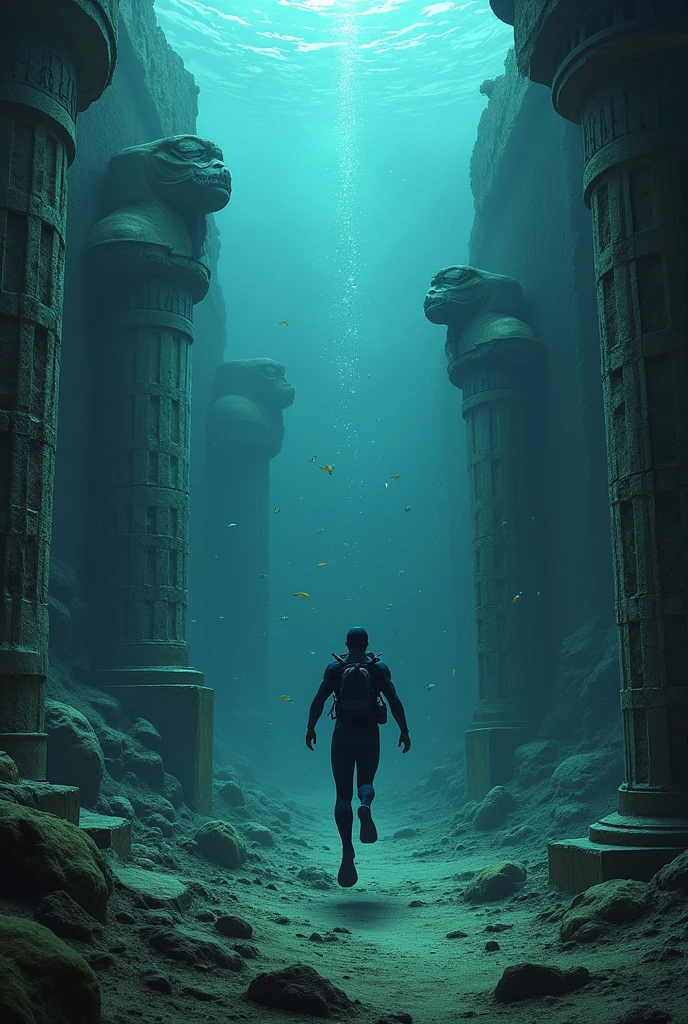 A diver swimming forward discovers the ruins of an ancient submerged city. The statues with grotesque faces seem to watch him from the depths.