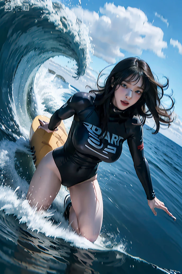 One girl,A person surfing a big wave, Ocean waves crashing, Sunny sea, Dramatic sky with clouds, Muscular surfer body, Surfers riding the waves, extreme action, Ocean Spray, Wetsuits, surfboard, Perfect waves, Dynamic Movement, Vibrant colors, photoRealistic, 8k, (Highest quality, 4K, 8k, High resolution, masterpiece:1.2), Very detailed, (Realistic, photoRealistic, photo-Realistic:1.37), High resolution, 超High resolution, Studio Lighting, Very detailed説明, Professional, Vibrant colors, Action Shots, Seascape,(((Large Breasts))), (((Adult body))),