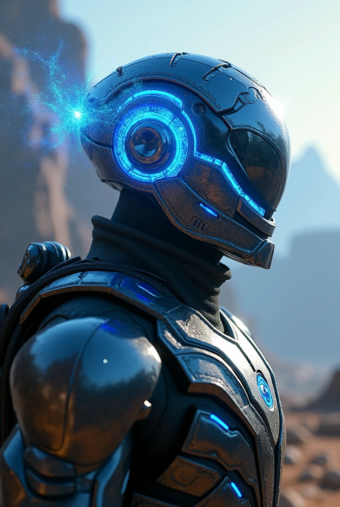 Metal helmet adventage with blue energy