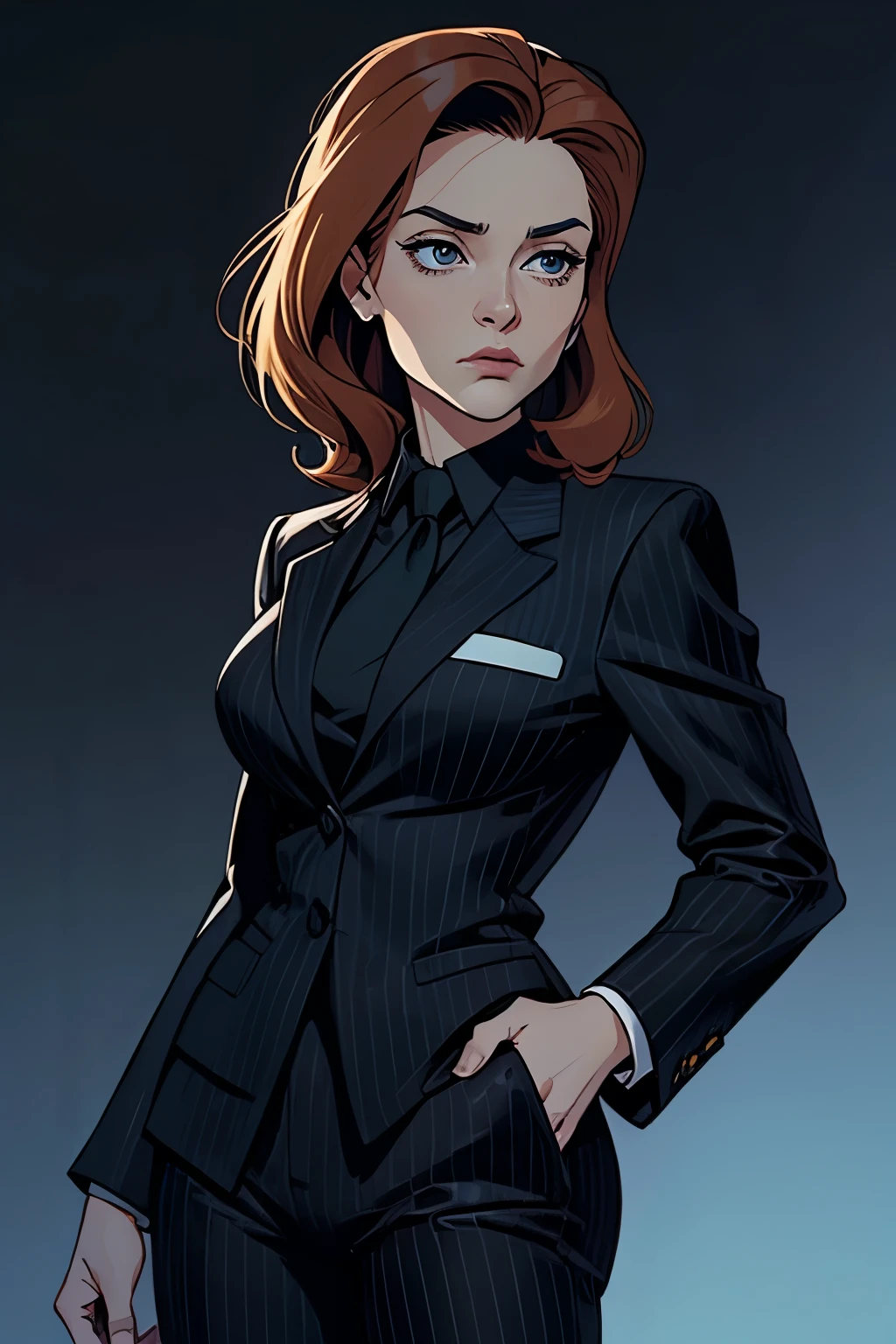FBI agent Dana Scully from "The X-Files." 90's, black pinstripe suit.