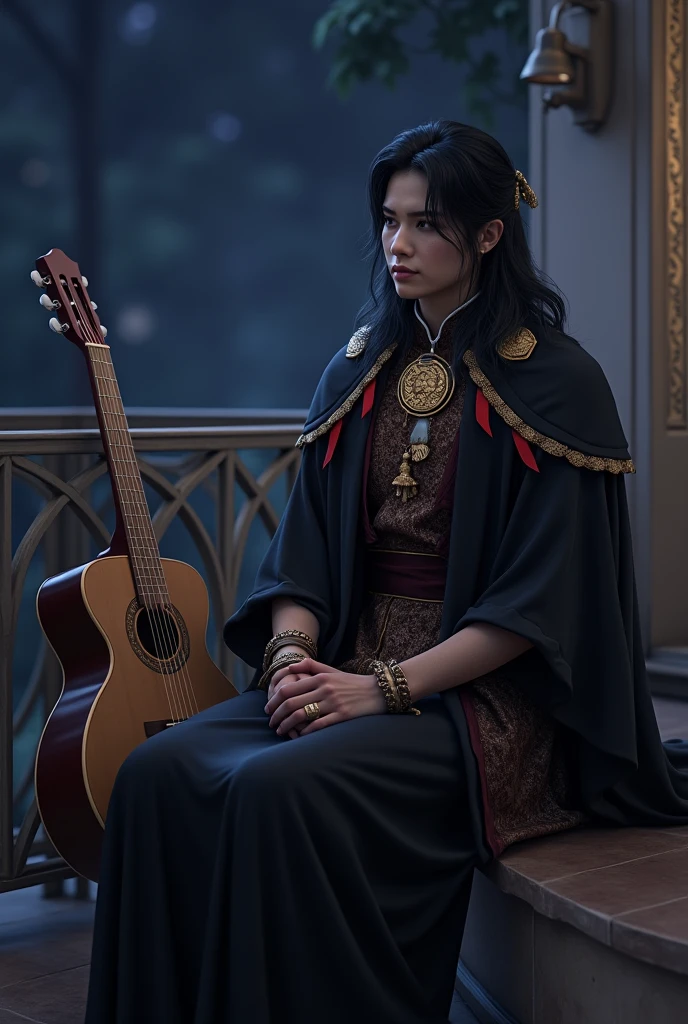 Create photo, of the art of good Tunar, from Tuno in black, with cape and ribbons and a scholarship on the chest, sitting with his guitar, watching his guitar next to the balcony at night, in high definition.