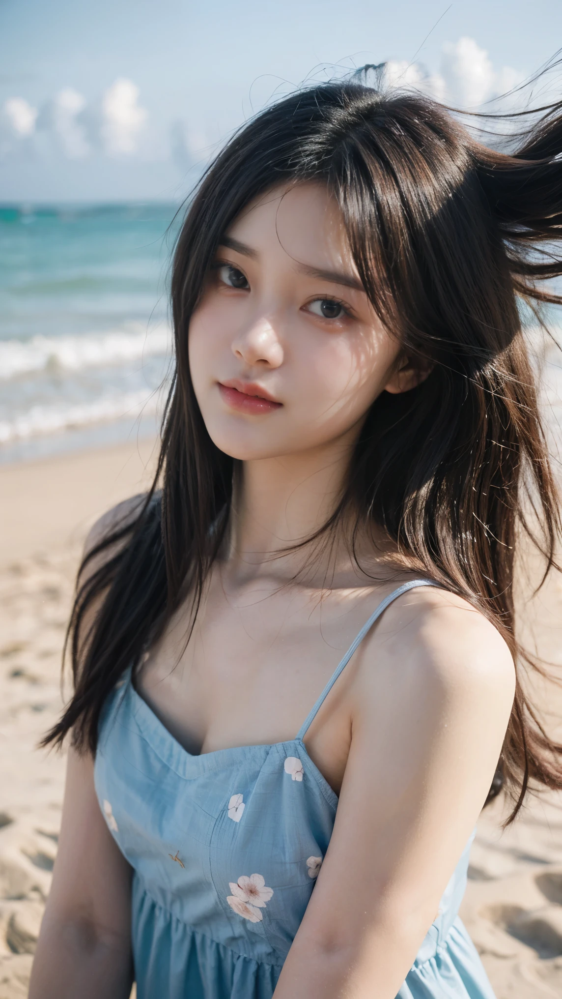 masterpiece, best quality, ultra-realistic, cute young woman, Korean idol, heart-shaped face, large almond eyes, silky black hair flowing in the wind, small rosy lips, playful smile, wearing a summer dress with floral patterns, barefoot on a sandy beach, soft waves crashing behind her, sunlight creating soft highlights in her hair, soft shadows, detailed facial features, blurred background with blue ocean and sky, beach photoshoot theme, 85mm lens, portrait photography