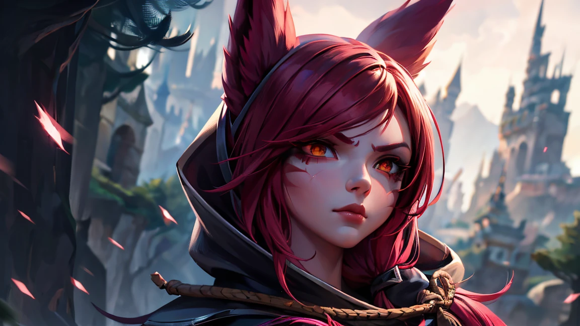 1 girl, xayah, League of Legends,((naked)), upper body, xayah cape,Xayah Hoodie, red hair, Orange eyes, Serious expression, Intense glare, looking up at the audience,standing, (sexy pose), masterpiece, Extreme detail CG Unity 8K wallpaper, best quality, 32K, Focus clear, opening, empty field