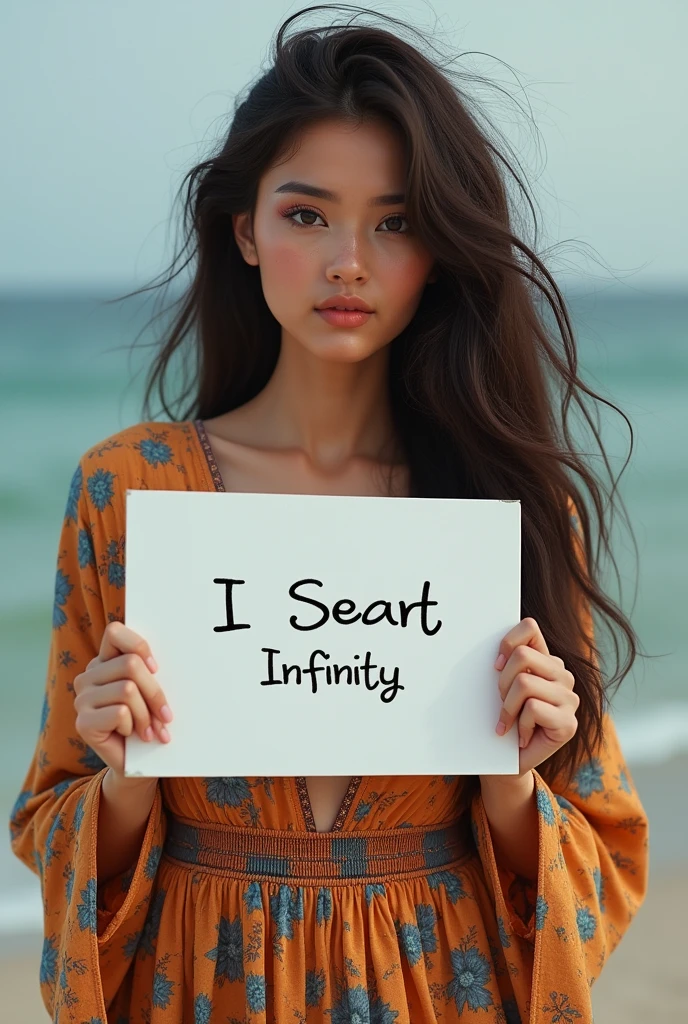 Beautiful girl with wavy long hair, bohemian dress, holding a white board with text "I Love Seaart Infinity" and showing it to the viewer